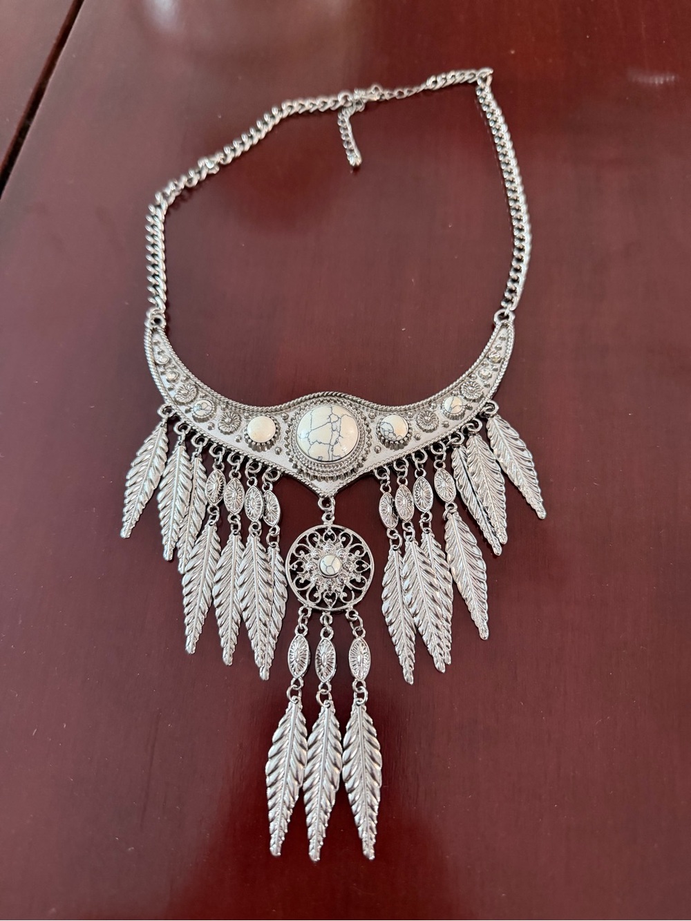 Boho Silver-Tone Fringe Statement Necklace with White Stone Accents